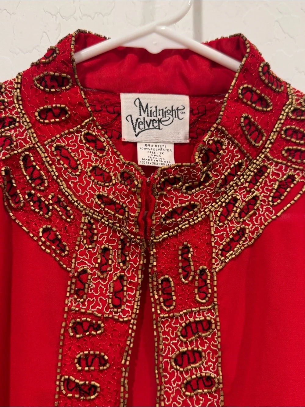 Midnight Velvet Red Beaded Trim Duster Cardigan Womens 1X Sheer Maximalist Boho